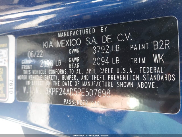 44862476 :رقم المزاد ، 3KPF24AD5PE507698 vin ، 2023 Kia Forte Lxs مزاد بيع