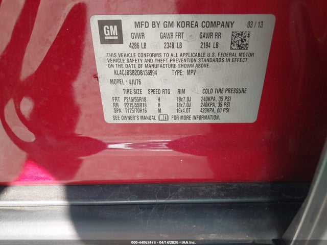 44862478 :رقم المزاد ، KL4CJBSB2DB136994 vin ، 2013 Buick Encore Convenience مزاد بيع