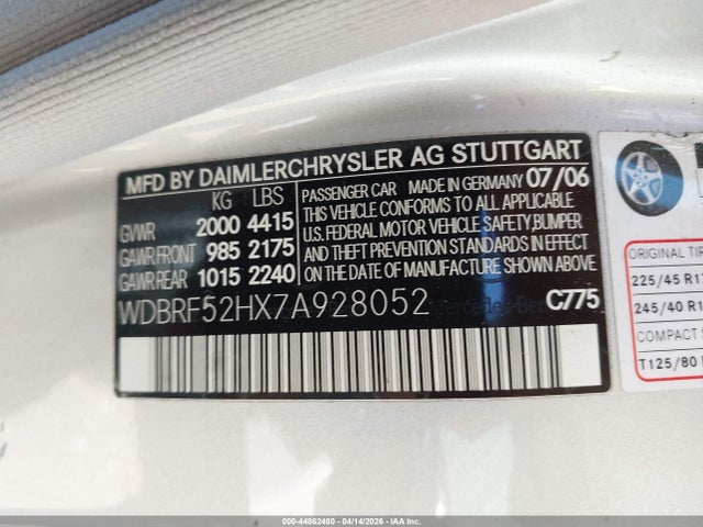 Продаж на аукціоні авто 2007 Mercedes-benz C 230 Sport, vin: WDBRF52HX7A928052, номер лоту: 44862480