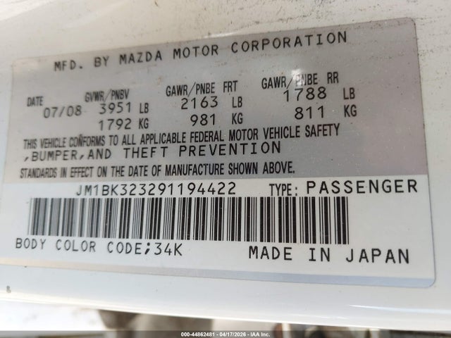 Продаж на аукціоні авто 2009 Mazda Mazda3 S Grand Touring, vin: JM1BK323291194422, номер лоту: 44862481