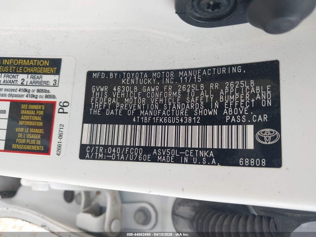 Aukcja sprzedaży 2016 Toyota Camry Le, vin: 4T1BF1FK6GU543812, numer aukcji: 44862490
