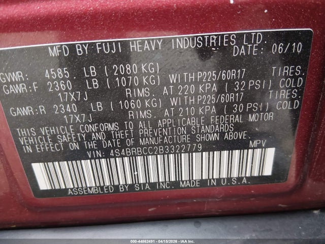 Продаж на аукціоні авто 2011 Subaru Outback 2.5i Premium, vin: 4S4BRBCC2B3322779, номер лоту: 44862491
