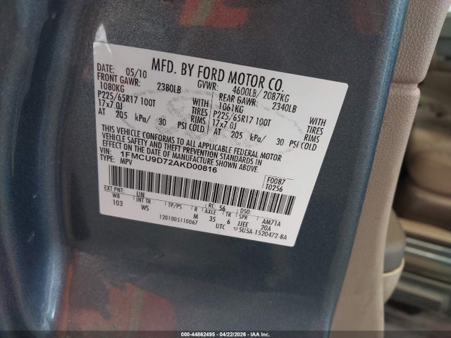 44862495 :رقم المزاد ، 1FMCU9D72AKD00816 vin ، 2010 Ford Escape Xlt مزاد بيع