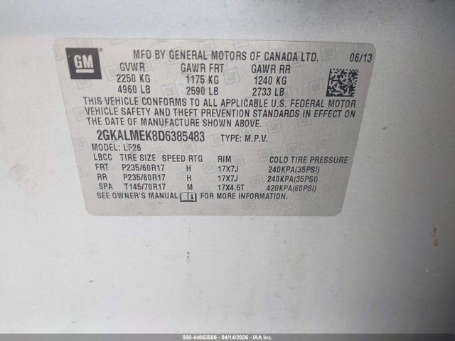 Продаж на аукціоні авто 2013 Gmc Terrain Sle-1, vin: 2GKALMEK8D6385483, номер лоту: 44862506