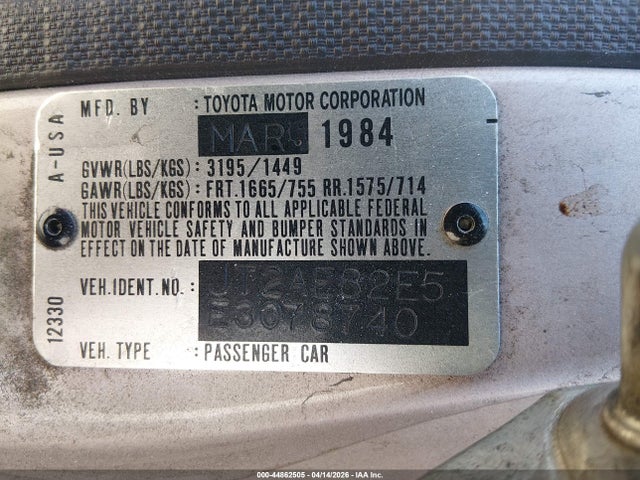 Продажа на аукционе авто 1984 Toyota Corolla Dlx, vin: JT2AE82E5E3078740, номер лота: 44862505