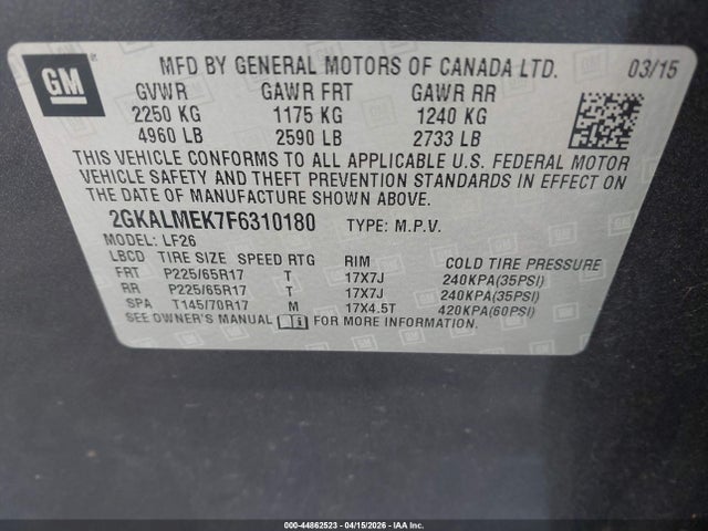 Aukcja sprzedaży 2015 Gmc Terrain Sle-1, vin: 2GKALMEK7F6310180, numer aukcji: 44862523