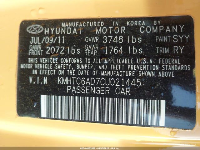 Aukcja sprzedaży 2012 Hyundai Veloster Base W/black, vin: KMHTC6AD7CU021445, numer aukcji: 44862538