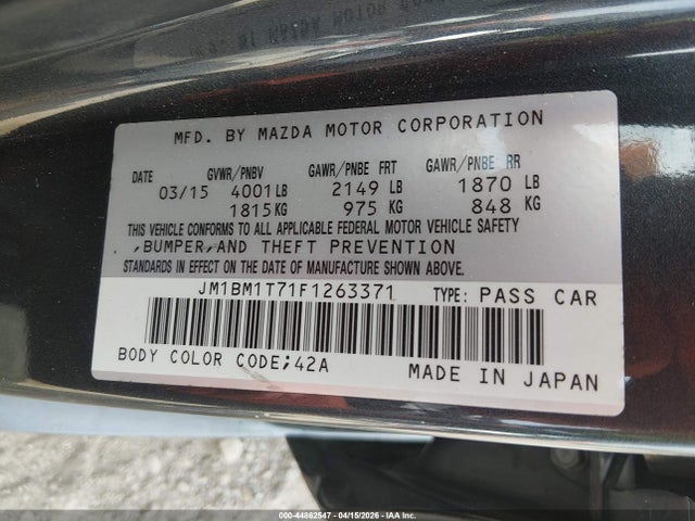 Продажа на аукционе авто 2015 Mazda Mazda3 I Sv, vin: JM1BM1T71F1263371, номер лота: 44862547