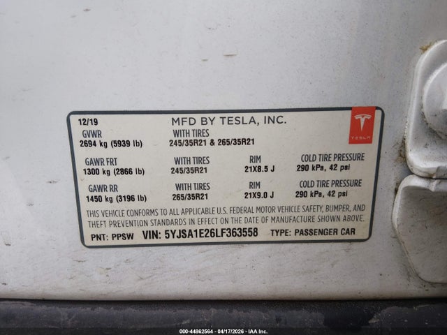 Aukcja sprzedaży 2020 Tesla Model S Long Range Dual Motor All-wheel Drive/long Range Plus Dual Motor All-wheel Drive, vin: 5YJSA1E26LF363558, numer aukcji: 44862564