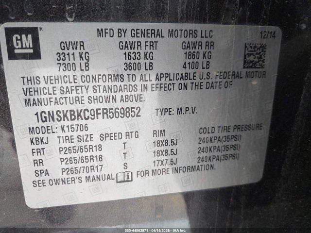 Aukcja sprzedaży 2015 Chevrolet Tahoe Lt, vin: 1GNSKBKC9FR569852, numer aukcji: 44862571