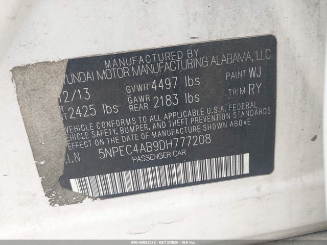 Продажа на аукционе авто 2013 Hyundai Sonata Se 2.0t, vin: 5NPEC4AB9DH777208, номер лота: 44862572