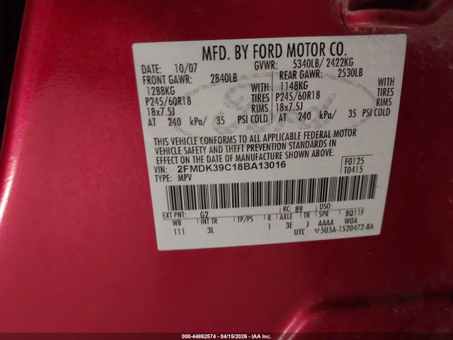 Продаж на аукціоні авто 2008 Ford Edge Limited, vin: 2FMDK39C18BA13016, номер лоту: 44862574