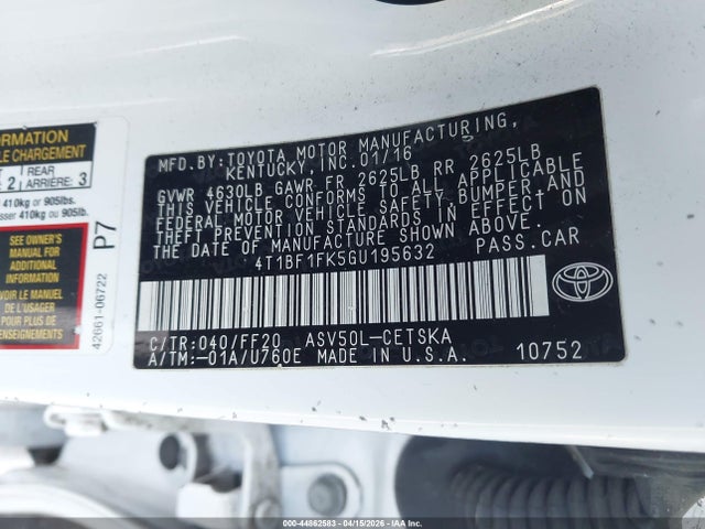 Toyota CAMRY SE 2016 4T1BF1FK5GU195632 Image 9
