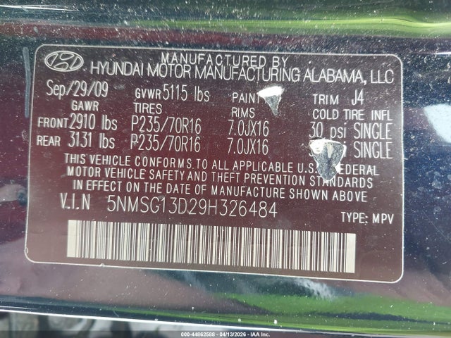 2009 Hyundai Santa Fe Gls მანქანა იყიდება აუქციონზე, vin: 5NMSG13D29H326484, აუქციონის ნომერი: 44862588