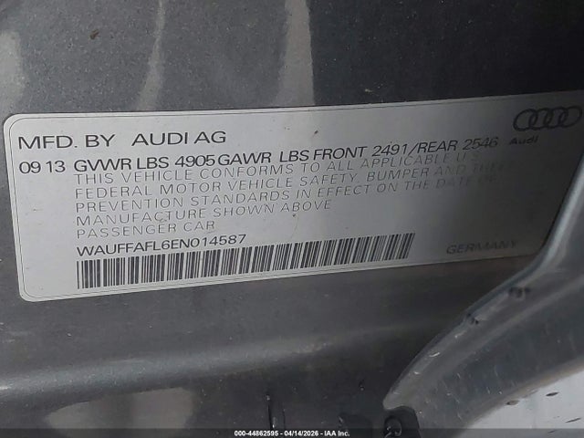 44862595 :رقم المزاد ، WAUFFAFL6EN014587 vin ، 2014 Audi A4 2.0t Premium مزاد بيع