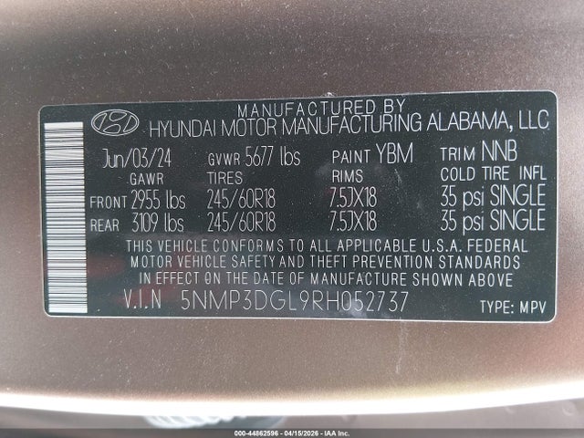 Продажа на аукционе авто 2024 Hyundai Santa Fe Xrt, vin: 5NMP3DGL9RH052737, номер лота: 44862596