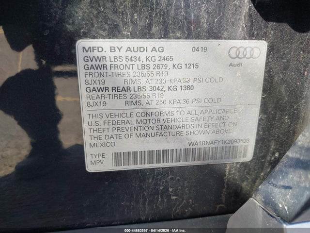 2019 Audi Q5 45 Premium მანქანა იყიდება აუქციონზე, vin: WA1BNAFY1K2093593, აუქციონის ნომერი: 44862597