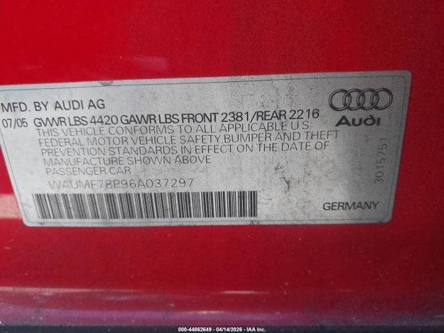 44862649 :رقم المزاد ، WAUMF78P96A037297 vin ، 2006 Audi A3 2.0t مزاد بيع