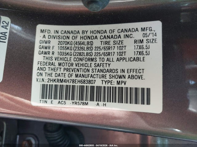 2HKRM4H78EH683807 Honda Cr-v Ex-l