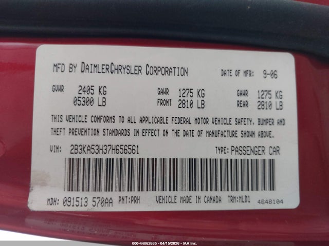 44862665 :رقم المزاد ، 2B3KA53H37H656561 vin ، 2007 Dodge Charger Rt مزاد بيع