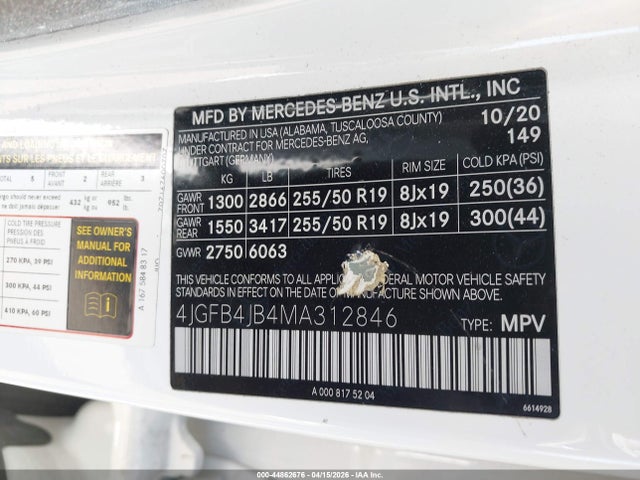 44862676 :رقم المزاد ، 4JGFB4JB4MA312846 vin ، 2021 Mercedes-benz Gle 350 مزاد بيع
