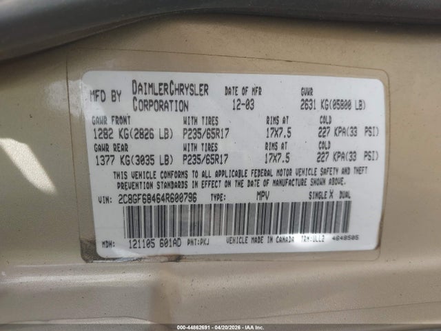 Aukcja sprzedaży 2004 Chrysler Pacifica, vin: 2C8GF68464R600796, numer aukcji: 44862691