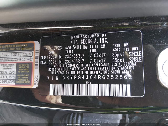 Продаж на аукціоні авто 2024 Kia Sorento Lx, vin: 5XYRG4JC4RG252862, номер лоту: 44862694