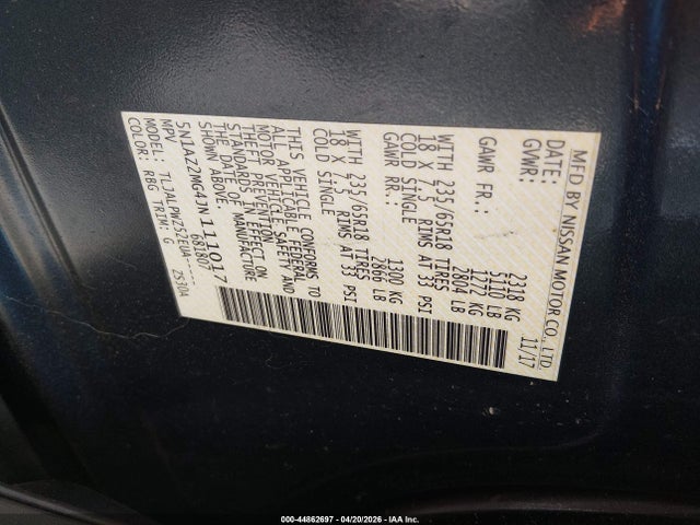 Auction sale of the 2018 Nissan Murano S, vin: 5N1AZ2MG4JN111017, lot number: 44862697