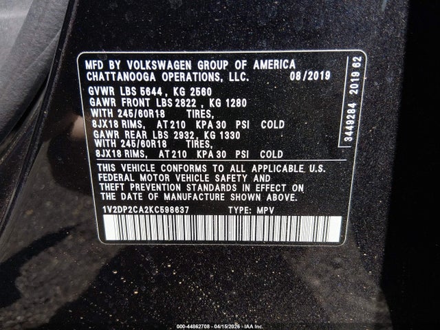 2019 Volkswagen Atlas 2.0t Se მანქანა იყიდება აუქციონზე, vin: 1V2DP2CA2KC598637, აუქციონის ნომერი: 44862708