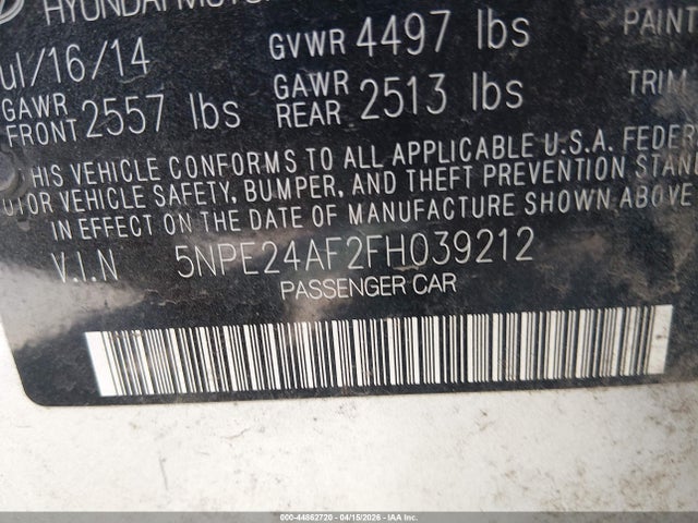 5NPE24AF2FH039212 Hyundai SONATA SE