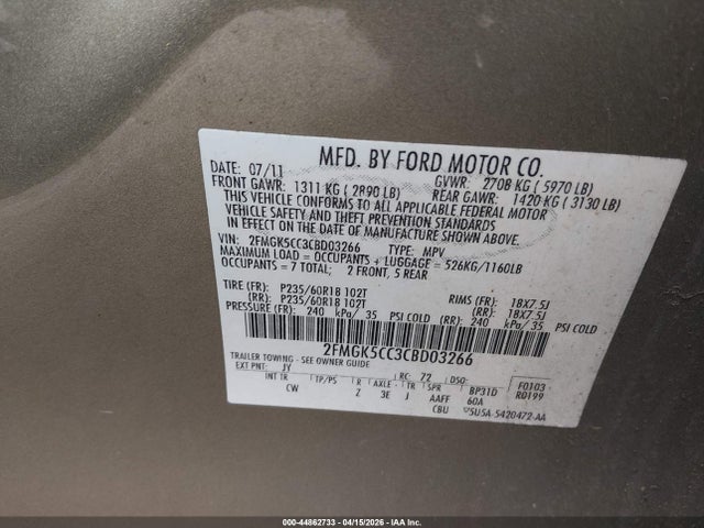 Aukcja sprzedaży 2012 Ford Flex Sel, vin: 2FMGK5CC3CBD03266, numer aukcji: 44862733