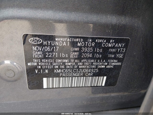 44862748 :رقم المزاد ، KMHC65LC1JU064925 vin ، 2018 Hyundai Ioniq Hybrid Blue مزاد بيع