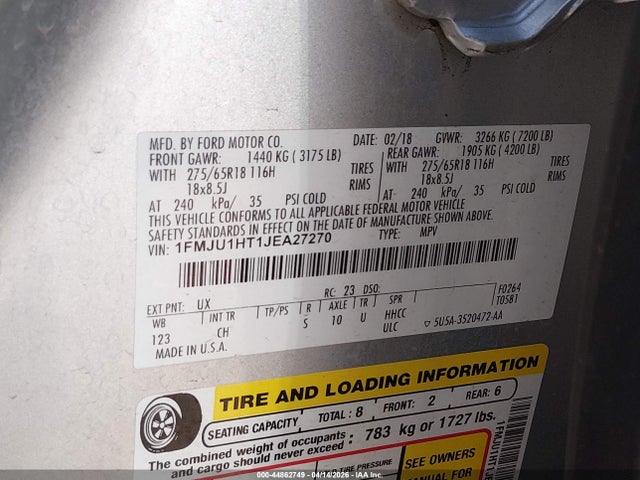 2018 Ford Expedition Xlt მანქანა იყიდება აუქციონზე, vin: 1FMJU1HT1JEA27270, აუქციონის ნომერი: 44862749