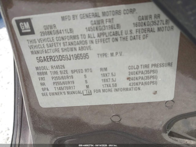 Продаж на аукціоні авто 2009 Buick Enclave Cxl, vin: 5GAER23D59J196595, номер лоту: 44862754