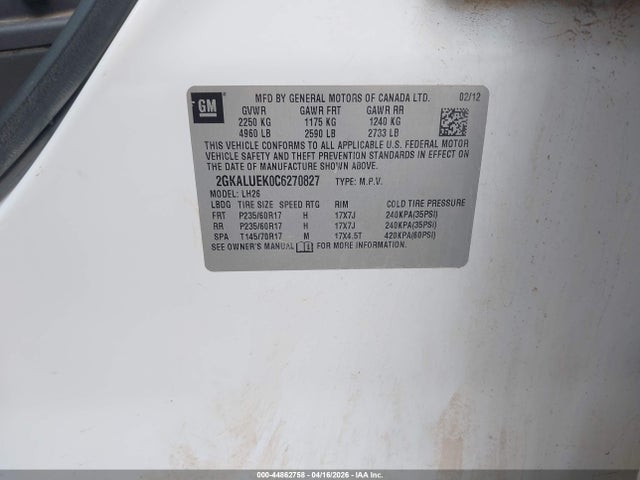 Aukcja sprzedaży 2012 Gmc Terrain Slt-1, vin: 2GKALUEK0C6270827, numer aukcji: 44862758
