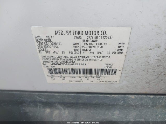 1FM5K7D84HGE22361 Ford EXPLORER XLT