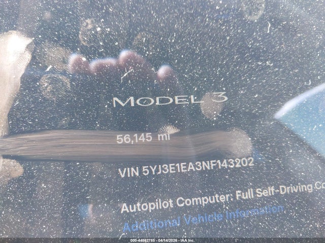 2022 Tesla Model 3 Rear-wheel Drive მანქანა იყიდება აუქციონზე, vin: 5YJ3E1EA3NF143202, აუქციონის ნომერი: 44862785
