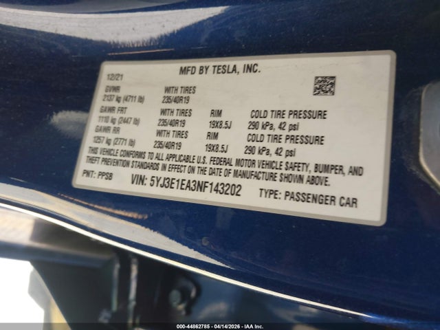 2022 Tesla Model 3 Rear-wheel Drive მანქანა იყიდება აუქციონზე, vin: 5YJ3E1EA3NF143202, აუქციონის ნომერი: 44862785