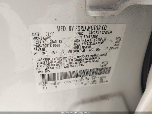 Продаж на аукціоні авто 2011 Ford Edge Sel, vin: 2FMDK3JC3BBA74435, номер лоту: 44862786