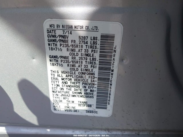 Aukcja sprzedaży 2014 Nissan Murano S, vin: JN8AZ1MW7EW529565, numer aukcji: 44862787