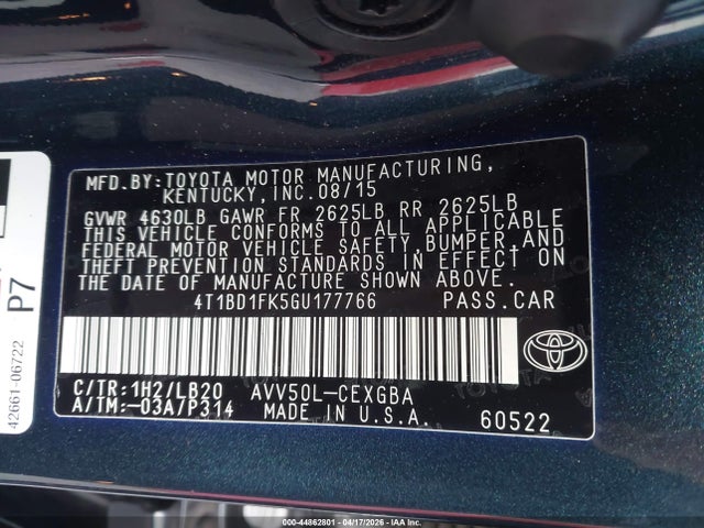 Aukcja sprzedaży 2016 Toyota Camry Hybrid Xle, vin: 4T1BD1FK5GU177766, numer aukcji: 44862801