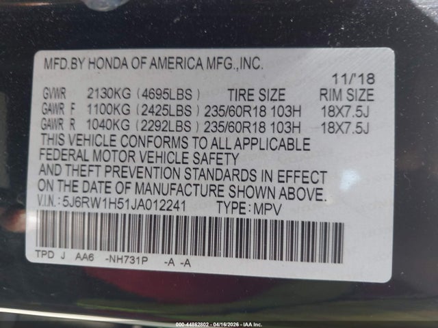 Продаж на аукціоні авто 2018 Honda Cr-v Ex, vin: 5J6RW1H51JA012241, номер лоту: 44862802