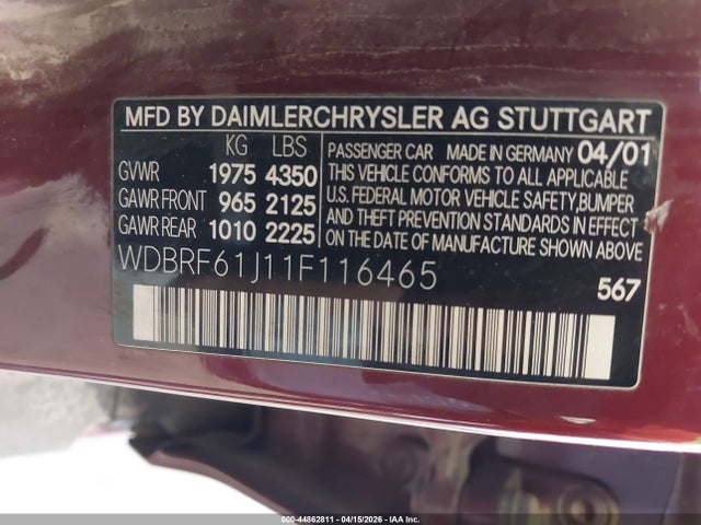 Aukcja sprzedaży 2001 Mercedes-benz C 240, vin: WDBRF61J11F116465, numer aukcji: 44862811