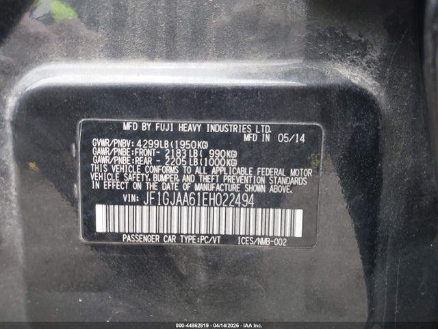 2014 Subaru Impreza 2.0i მანქანა იყიდება აუქციონზე, vin: JF1GJAA61EH022494, აუქციონის ნომერი: 44862819