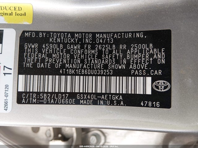 2013 Toyota Avalon Xle მანქანა იყიდება აუქციონზე, vin: 4T1BK1EB6DU039253, აუქციონის ნომერი: 44862820