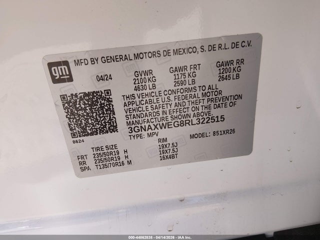 2024 Chevrolet Equinox Awd Rs მანქანა იყიდება აუქციონზე, vin: 3GNAXWEG8RL322515, აუქციონის ნომერი: 44862838