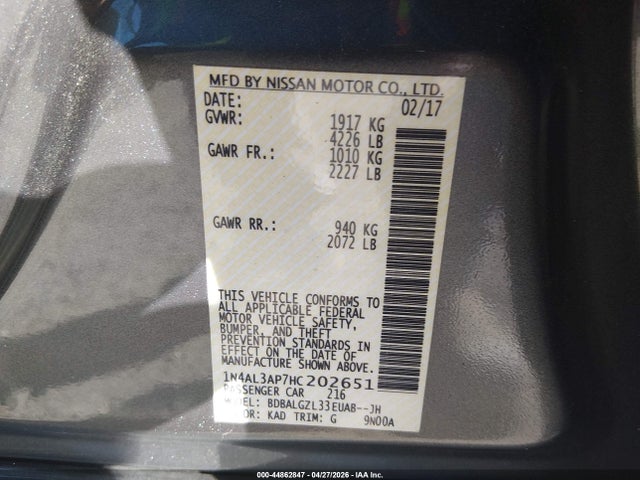 44862847 :رقم المزاد ، 1N4AL3AP7HC202651 vin ، 2017 Nissan Altima 2.5 S مزاد بيع