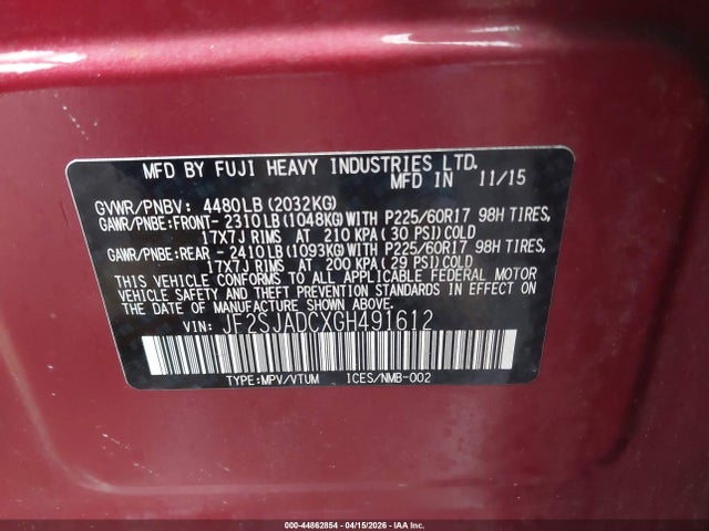 Aukcja sprzedaży 2016 Subaru Forester 2.5i Premium, vin: JF2SJADCXGH491612, numer aukcji: 44862854