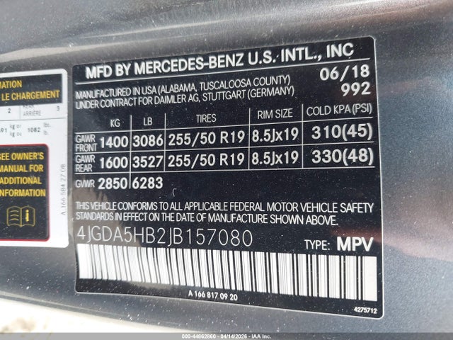 44862860 :رقم المزاد ، 4JGDA5HB2JB157080 vin ، 2018 Mercedes-benz Gle 350 4matic مزاد بيع