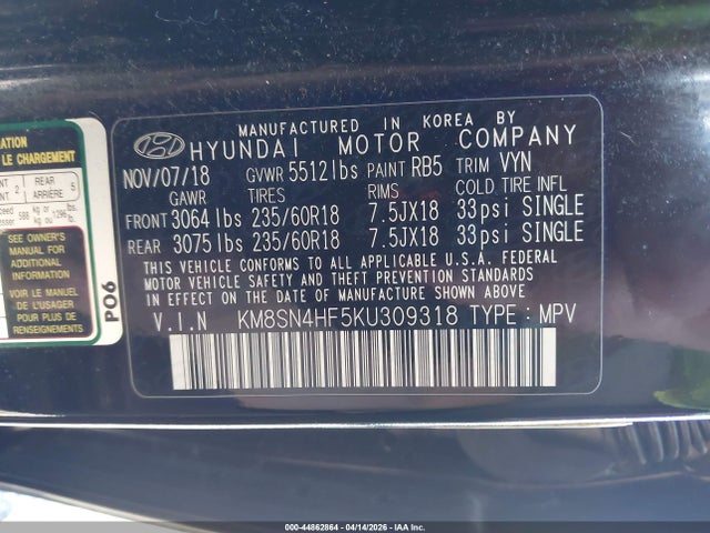 Aukcja sprzedaży 2019 Hyundai Santa Fe Xl Se, vin: KM8SN4HF5KU309318, numer aukcji: 44862864